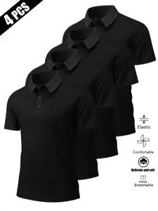 Men's Elastic Fitted Polo Shirt Set, Plain Quick-Dry Breathable Fabric, Soft Skin-Friendly, Casual Daily Wear, Office Leisure, 4 Pieces, Tops