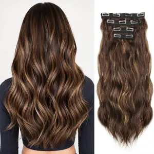 Brown Highlighted Hair Extensions, 4/22 Soft Synthetic Curly Clip in Hair Extensions 4Pcs 20 Inches