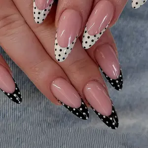 24pcs Medium Almond Shaped Press-On Nails,Black&White Polka Dot French Manicure,Full Cover Black&White Polka Dot False Nails Set