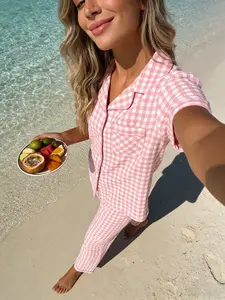 Women's Short Sleeve Long Pants Pajama Set, Plaid Full Print, Soft Breathable Casual Home Wear, Loungewear, All Seasons