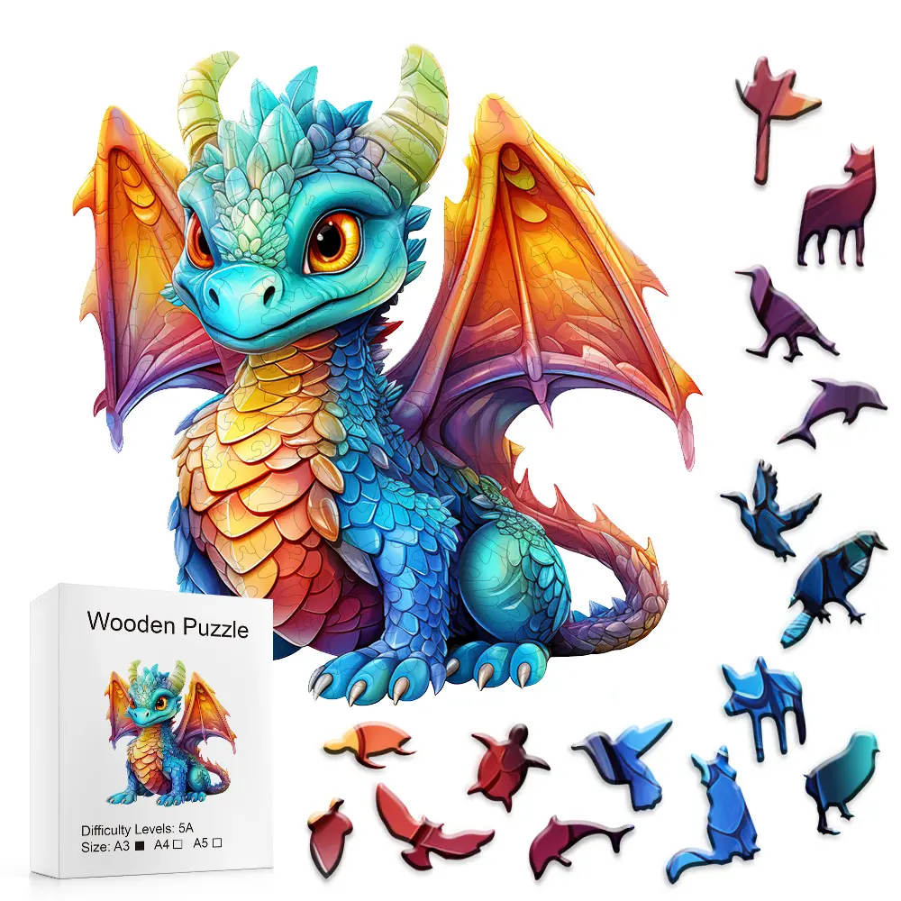 Colorful Baby Dragon Animals Wooden Puzzle - 5A Difficulty Whimsical Fantasy Jigsaw, Available in A3, A4, A5 Sizes, for Kids