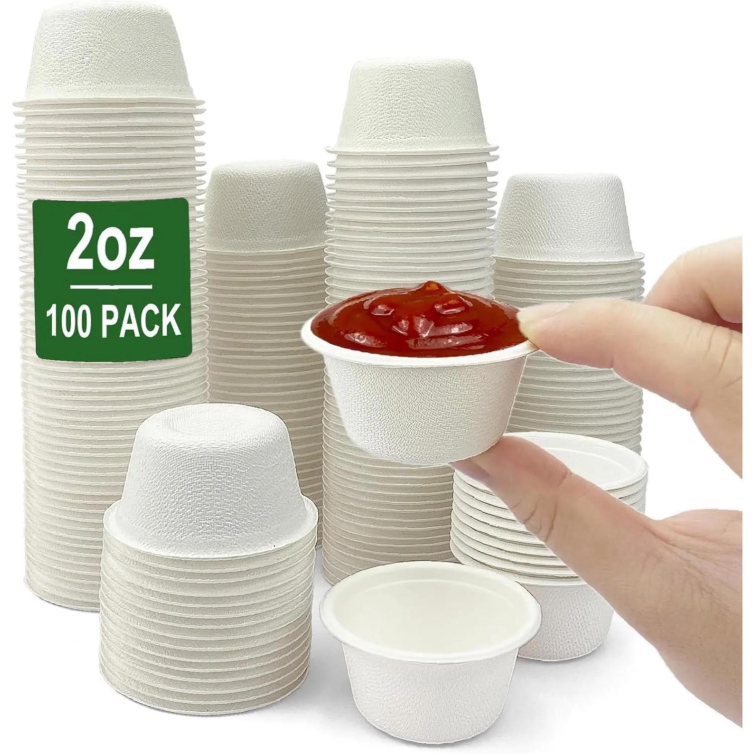 2 oz Disposable Bagasse Fiber Souffle Cups 100pk,    Compostable Condiment Cups Sample Cup Tasting Cup (White, Pack of 100)