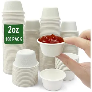 2 oz Disposable Bagasse Fiber Souffle Cups 100pk,    Compostable Condiment Cups Sample Cup Tasting Cup (White, Pack of 100)