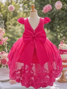 Toddler Girl's Floral Print Bow Decor Lace Sweater Dress, Elegant Sleeveless A Line Dress for Party Wedding Guest, Kids Clothes for All Seasons