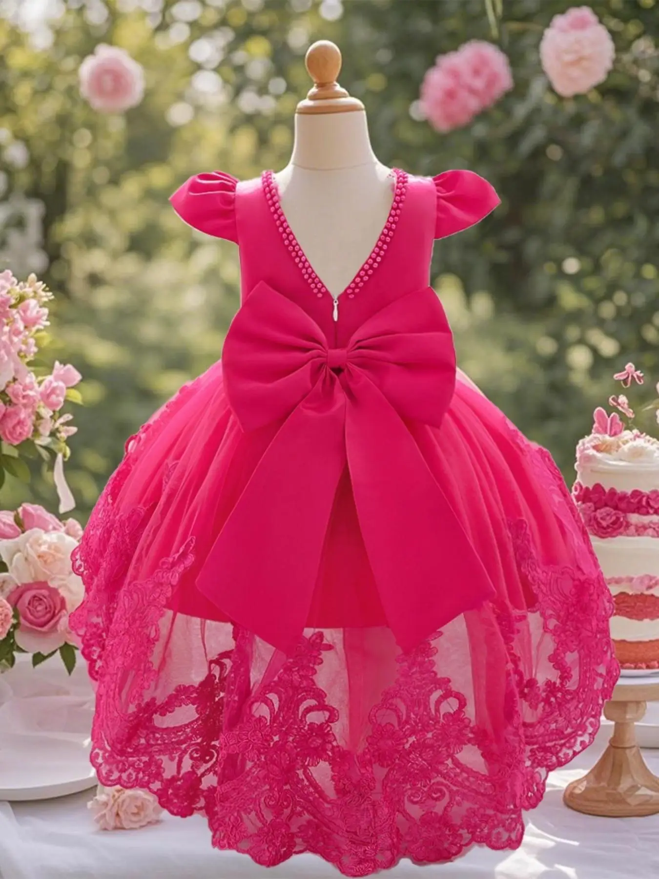 Toddler Girl's Floral Print Bow Decor Lace Sweater Dress, Elegant Sleeveless A Line Dress for Party Wedding Guest, Kids Clothes for All Seasons