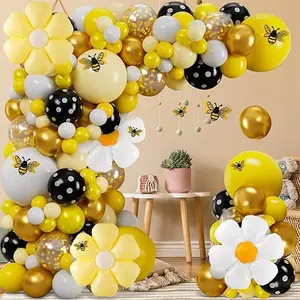 140 Pcs Bee Balloons Garland Kit,Yellow Black White Balloons with Bee Stickers Gold Confetti Daisy Balloons for Bee Birthday Baby Shower Spring Party Decoration