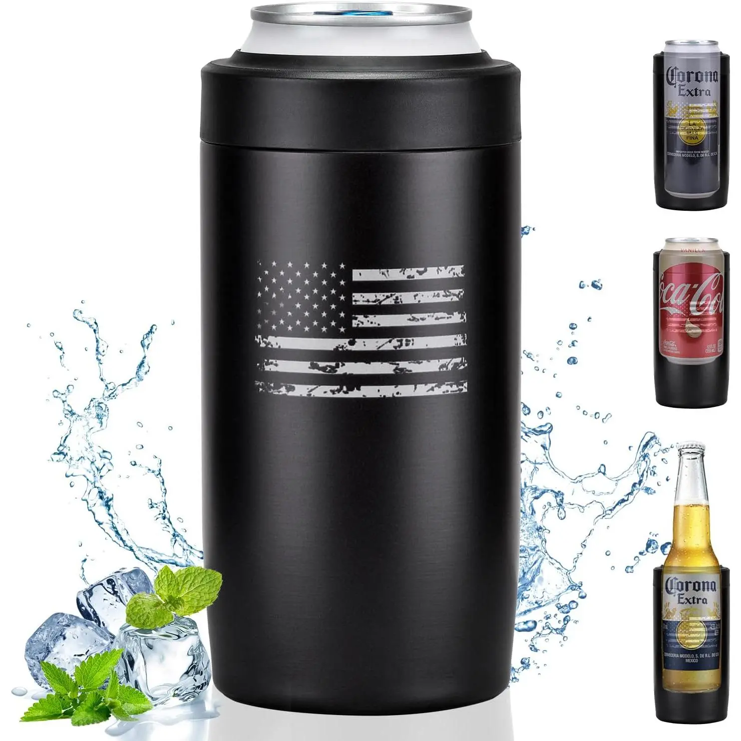 4-in-1 Slim Can Cooler Easy to Hold Insulated  Can Holder Double-walled Stainless Steel for All 12 Oz Cans (Black  Flag)