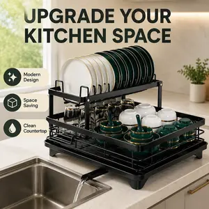 2 Tier Dish Drying Rack with Drainboard – Large Capacity Dish Drainer Rack for Kitchen Countertop, Heavy Duty Dish Rack for Plates, Bowls & Cups – Space Saving Kitchen Organizer, Dish Storage Rack, Kitchen Essential for Home Use
