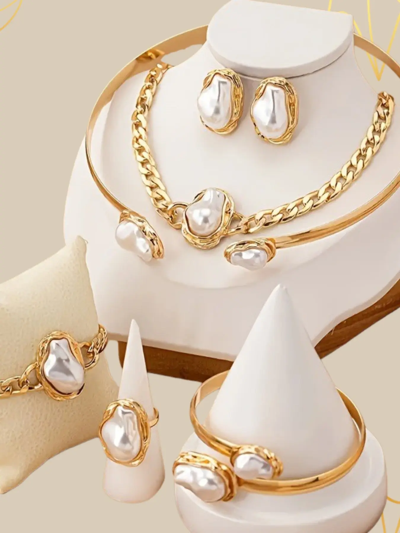 7 Piece Baroque Pearl Set, Vintage Luxury Fashion Necklace Earrings Ring Set, Holiday Gift Party Accessory