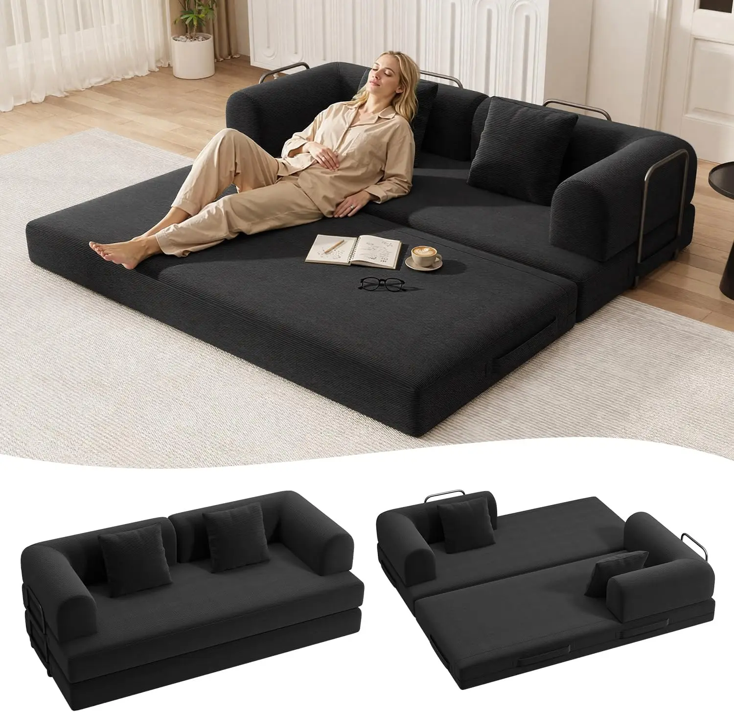 GIZOON 78.8'' Convertible Sofa Bed,5-in-1 Boneless Couch with Removable Armrests,Folding Futon Sofa Bed Includes 2 Pillows,Comfy Pull Out Couch for Living Room,No Assembly Required,Black