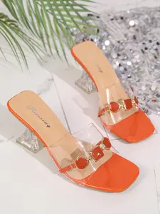 Transparent Chunky Heel Slip-On Sandals, Square Toe Zigzag Slippers, Crystal Irregular Heels, Elegant Outer Wear High Heels for Women