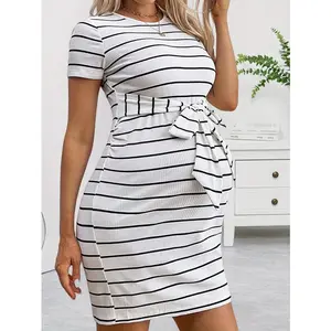 Maternity Short Sleeve Slim Fit Belted Dress, Striped Dress For Pregnancy Wear Pregnant