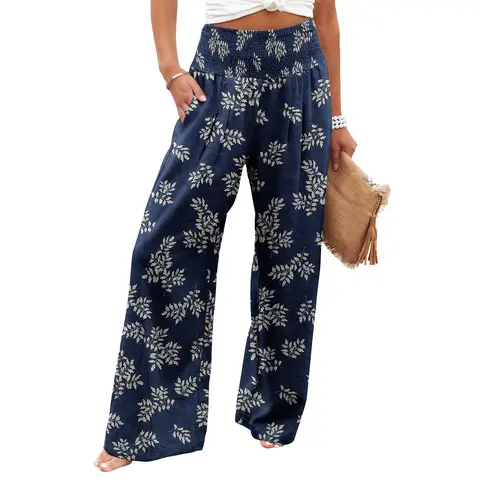 Angerella Women's High-Waisted Smocked Elastic-Waist Flex Knit Wide-Leg Palazzo Pants - Breathable Light Polyester Loose Bottoms with Pocket, Plain Print Casual Boho Clothes for Women