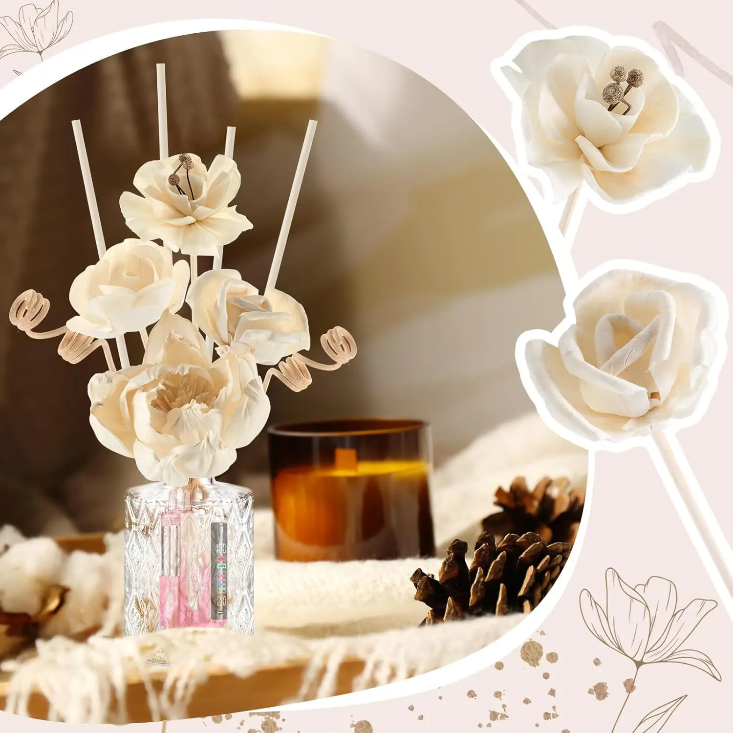 FOGER Flower Reed Diffuser Set for Bathroom Air Fresheners, Home Fragrance Reed Diffuser for Bathroom Shelf Decor Oil Defusers | Fresh Linen/Ocean/Eucalyptus & Mint Fruit Scent Shelf Decor
