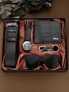 Men's 5-Piece Gift Set with Watch, Quartz Movement, Keychain, Strap, Sunglasses, Wallet, Perfect for Holidays and Special Occasions