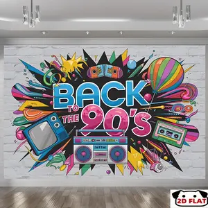 2D Flat Banner 1pc, Retro 90s Party Backdrop Banner - Vibrant Polyesterwith "Back to 90's" Text & Nostalgic Design, Perfect Home, Room, Party Photo Props, Retro Party Decor, Event Banner, Home Decoration,