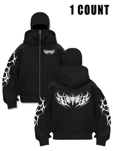 Black Double Hood Gothic Thorn Graphic Zip-Up Hoodie - Dark Alt Culture Streetwear, Dark Romance Hoodie, Gothic Casual Sweatshirt, Soft Comfortable Fabric Perfect for Dark Subculture Daily Wear, Gothic Gatherings & Street Style Showcases