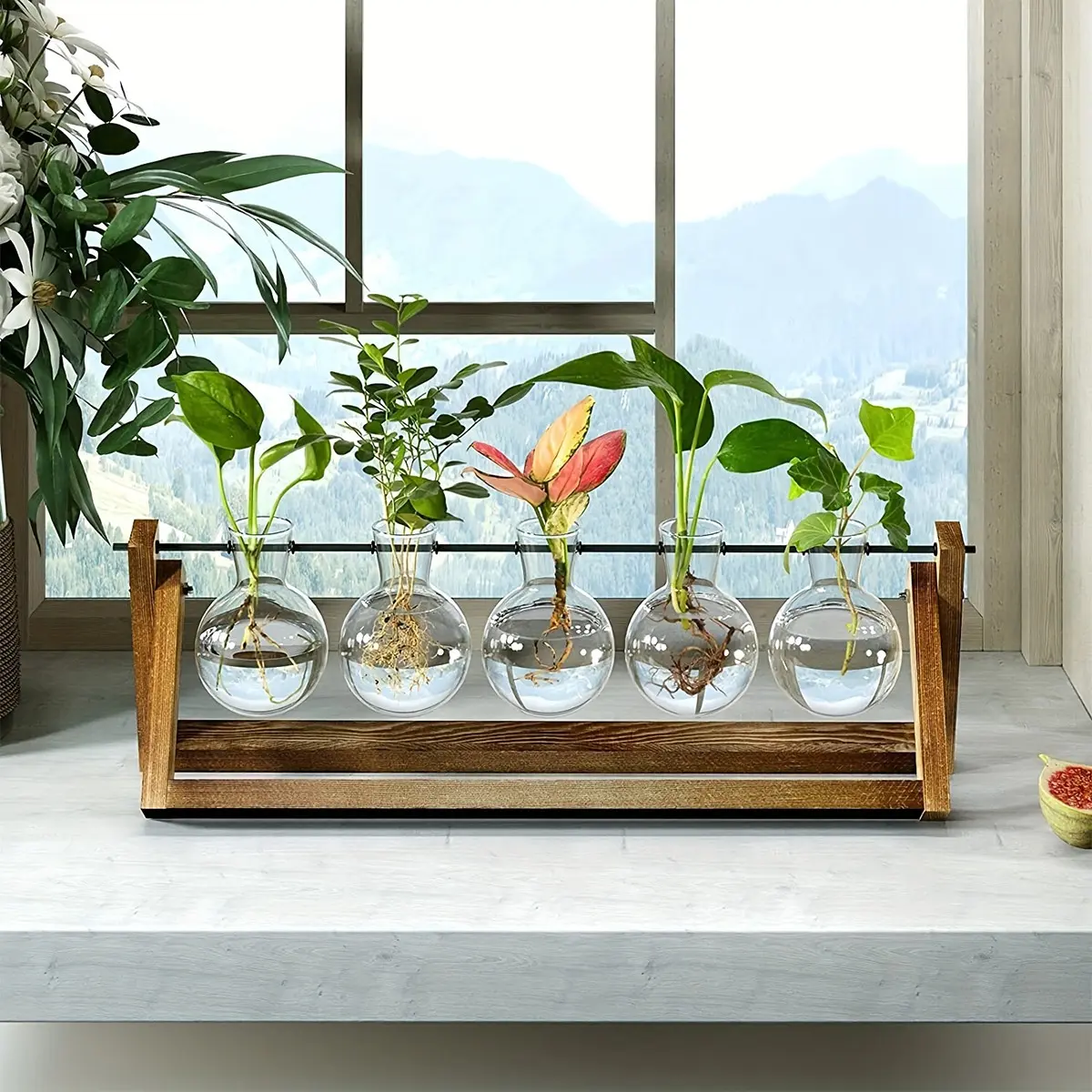 Office Desktop Plant Display Stand, Five-Hole Glass Hydroponic Vase Set, Simple Office Table Plant Decoration, Office Showcase Items