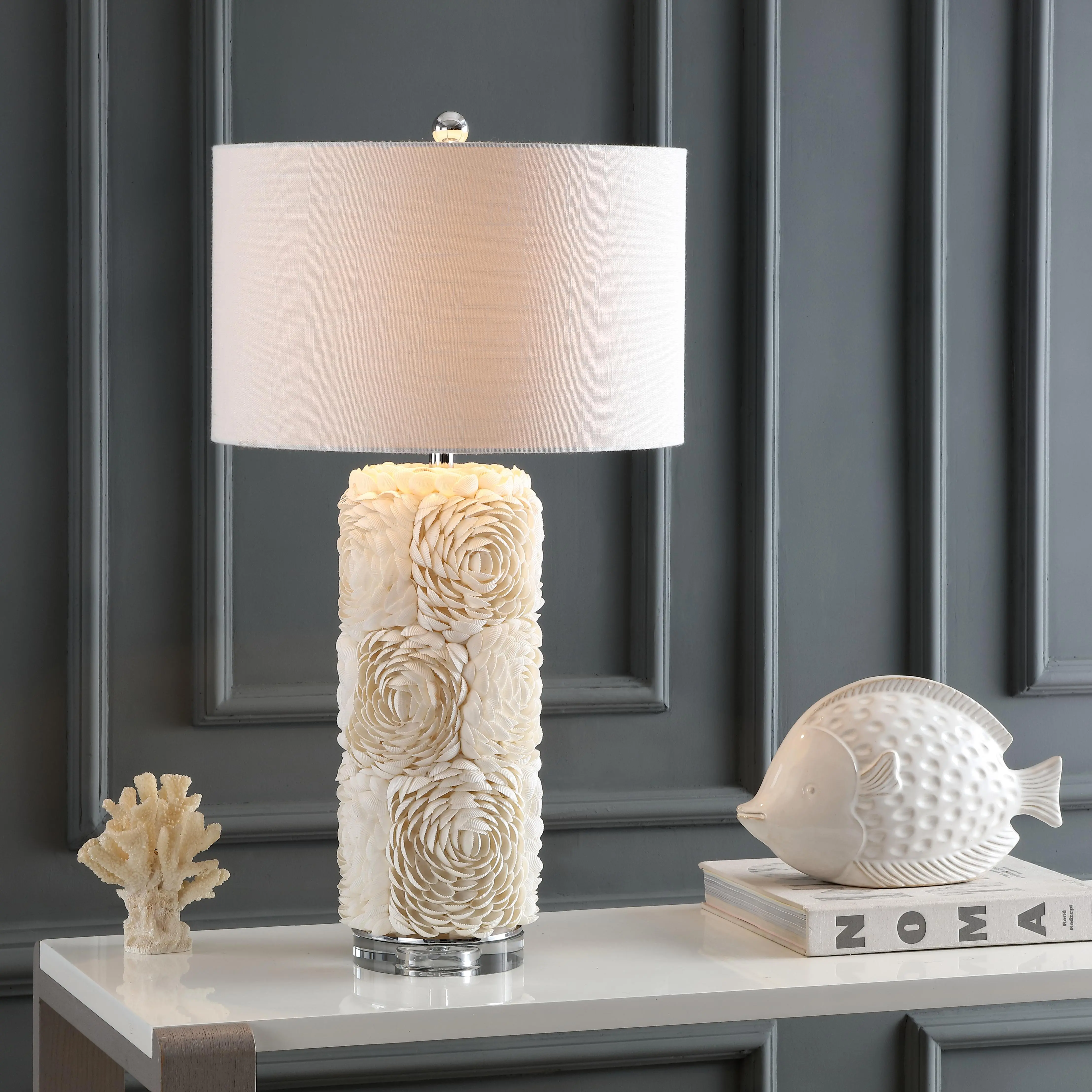 JONATHAN Y Rosette 28.5" Seashell Resin Column Table Lamp, Cream | Coastal Floral Mosaic, Crystal Base, White Linen Drum Shade, Metal Accents, LED Bulb Included