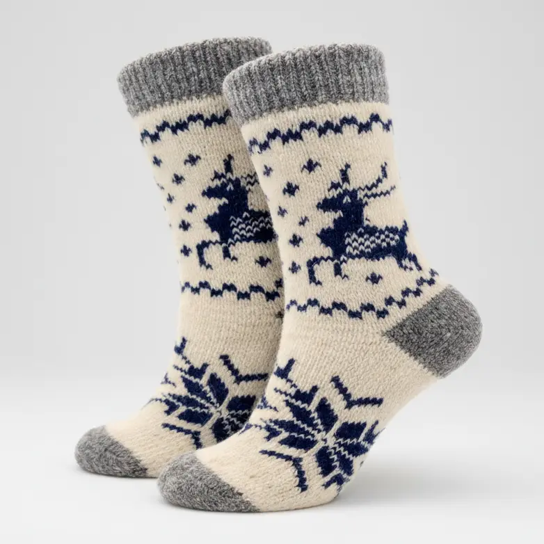 Nordic Reindeer Extra Warm Angora Wool – Scandinavian Snowflake Pattern Knit Socks (Blanca)