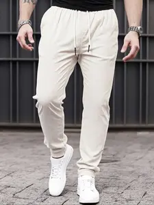 Men's Drawstring Waist Solid Color Pants, Loose Straight Fit Casual Long Trousers, Practical Pocket Design for Daily Walking Outdoor, Casual Minimalist Trousers