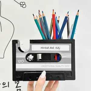 1pc Vintage Cassette Tape Pen Holder Retro Magnetic Office Supplies Organizer Black PE Material with Colorful Stationery Fun Storage Box Retro Aesthetic Cute Tape Dispenser Vintage Decor Pen Cup