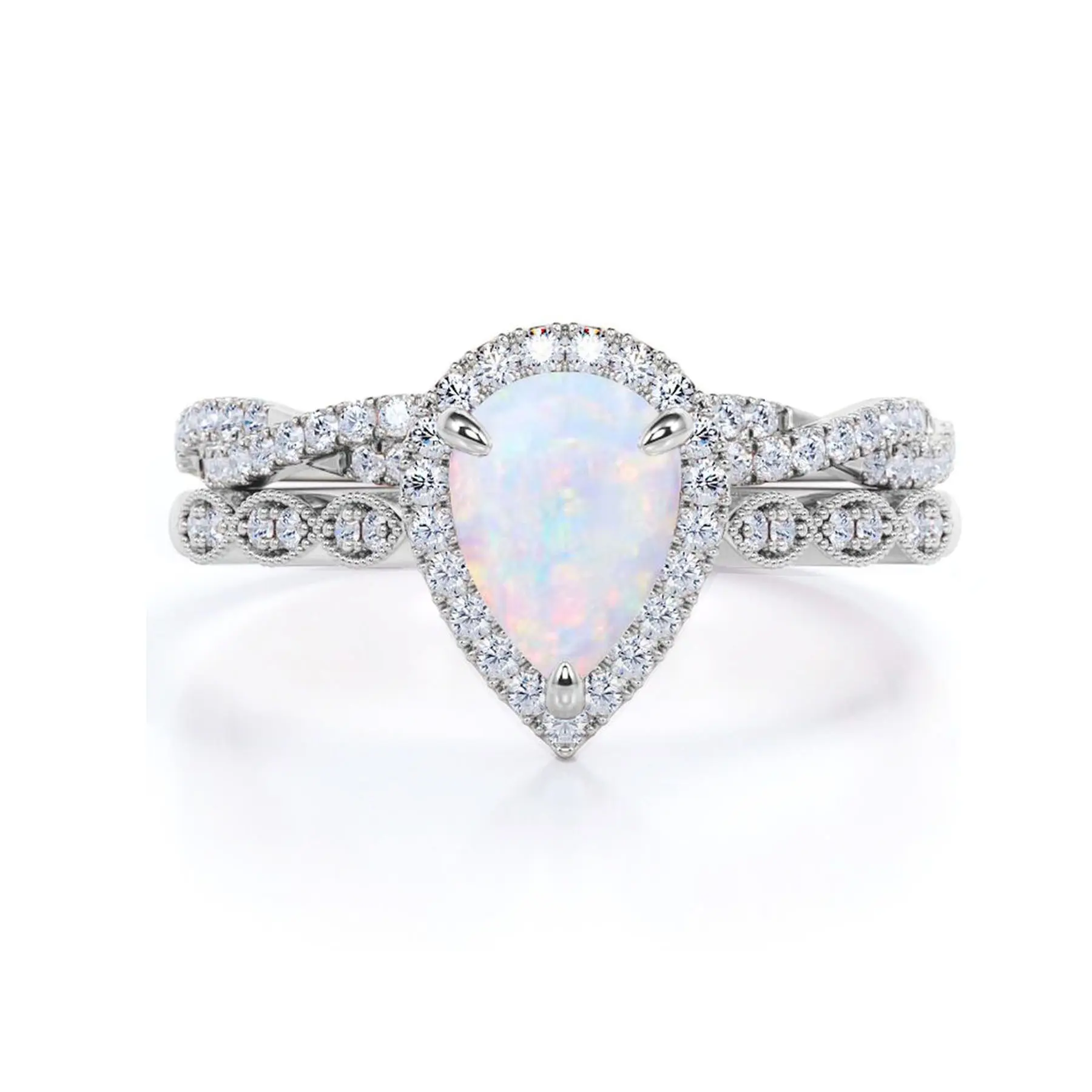 VOWSERING Women's Luxury 925 Sterling Silver White Gold Plated Wedding Ring Set, 1CT Pear Opal CZ Bridal Ring Stack, Elegant Meaningful Gift Option, Wedding Ring Stack