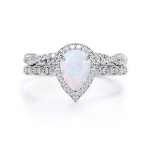 VOWSERING Luxury Wedding Ring Set for Women 1CT Pear Opal CZ 925 Sterling Silver White Gold Plated Engagement Ring