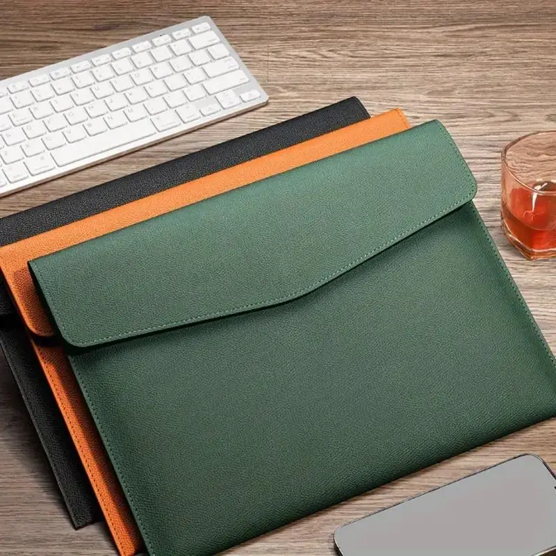 Business Solid Color PU Leather File Folder, 1 Count A4 File Storage Bag, Data Button Waterproof Business File Bag for Business Travel