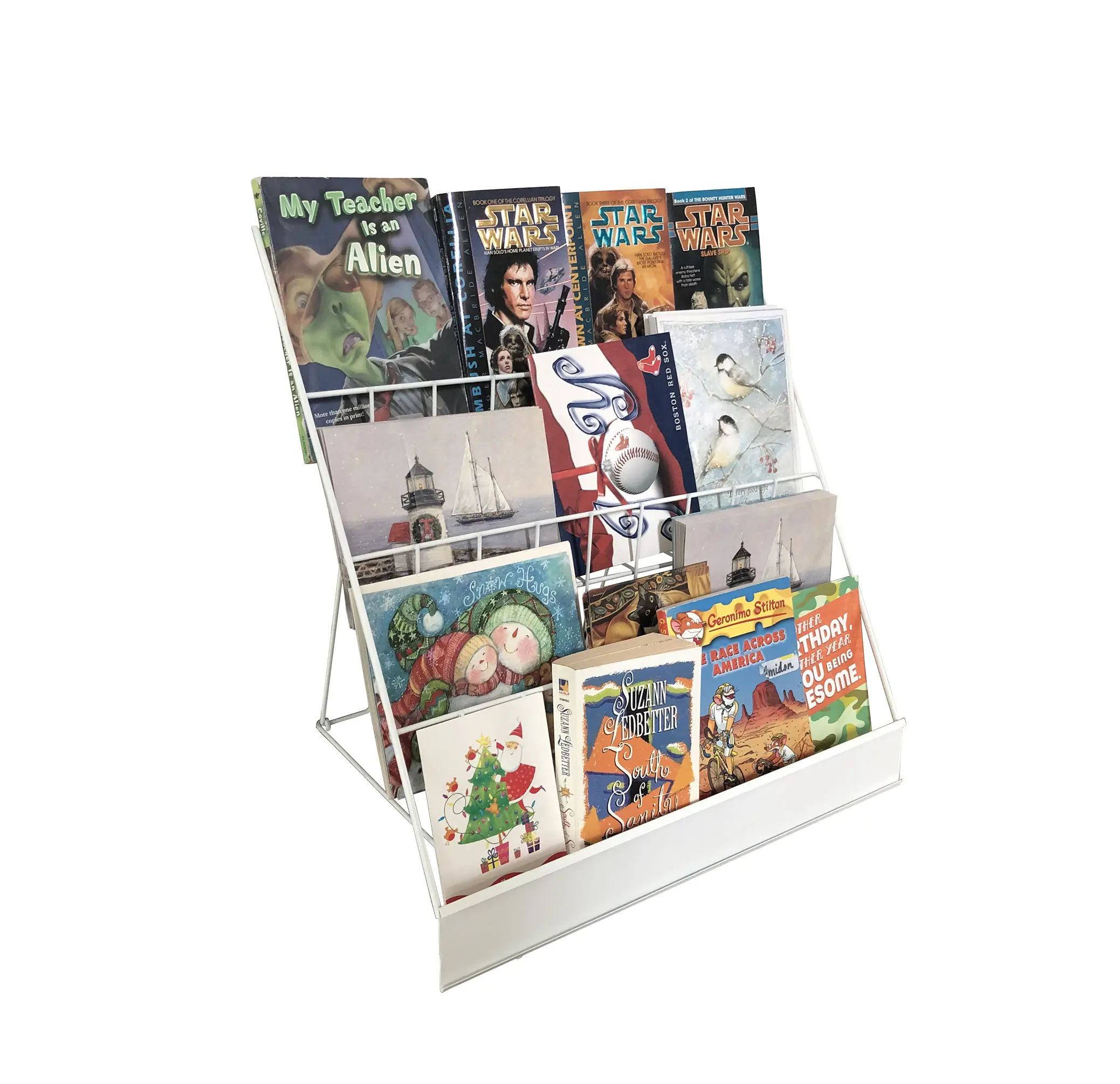 FixtureDisplays® 4-Tiered 18" Wire Display Rack Literature Brochure Magazine Stand Book Tabletop Rack, 2.5" Deep Open Shelves 119362-WHITE-NF