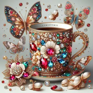5D DIY Full Drill Round Diamond Painting - Diamond Painting Kit Butterfly Teacup Mosaic Canvas DIY Wall Art, Home Wall Decoration, Suitable for Halloween, Christmas, Birthdays, and Anniversary Gifts