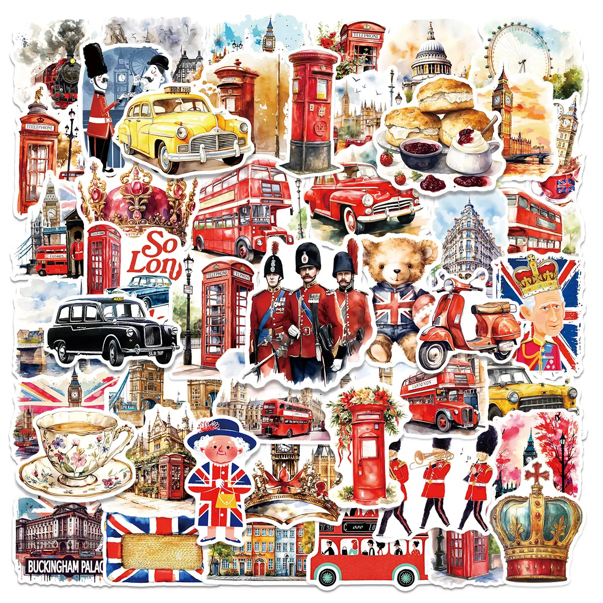 50 Watercolor London, England Stickers - Suitable for Scrapbooks, Diaries, Laptops, Water Bottles, Cars, and Other Faith-based Designs; A Gift with A Positive Message. Multipurpose Car Decal Sticker Decals Automobile Decals
