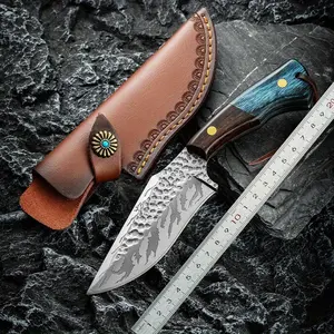 Outdoor knife sheath with knife, hunting knife, high carbon steel blade, damascus hunting knife, hunting, survival, camping, lanyard hole, hiking knife, outdoors.