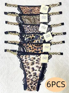 6PCS, women's fashionable and sexy metal chain leopard print snake pattern thong underwear, adjustable waist circumference, hollow lace lace lace lace seamless women's underwear, women's accessories