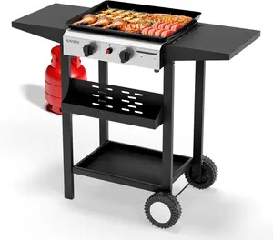 ROVSUN 2 Burner Portable Propane Griddle with Nonstick Enameled Tray, 20000 BTU Rolling Flat Top Gas Grill with Electronic Ignition