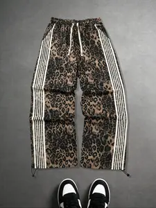 Men's Leopard Print Drawstring Striped Pants, Casual Fitted Long Trousers, Moderate Fabric, Fall & Winter Wear, Comfortable and Stylish Men's Clothing
