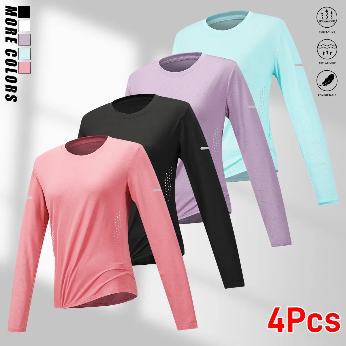 Women’s long-sleeve sports T-shirt four-piece set—soft and comfortable with reflective design, classic crew neck suitable for all seasons; ideal for running, fitness, and everyday casual wear—an essential fashion top for women.