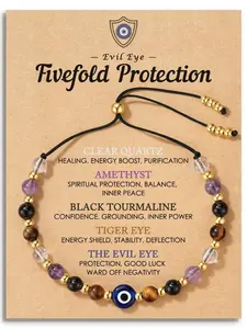 Evil Eye Dainty Bracelet with Natural Crystals - Adjustable Clear Quartz Amethyst Black Tourmaline Tiger Eye Stone Bracelet, Spiritual Jewelry Gift with Meaning Card Handcrafted