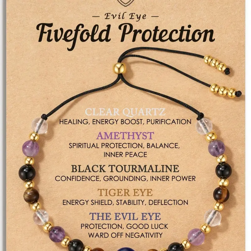 Evil Eye Dainty Bracelet with Natural Crystals - Adjustable Clear Quartz Amethyst Black Tourmaline Tiger Eye Stone Bracelet, Energy Bracelet, Spiritual Jewelry Gift with Meaning Card Handcrafted Healing Crystal Bracelet, Beautiful Bracelets, Tigers Eye