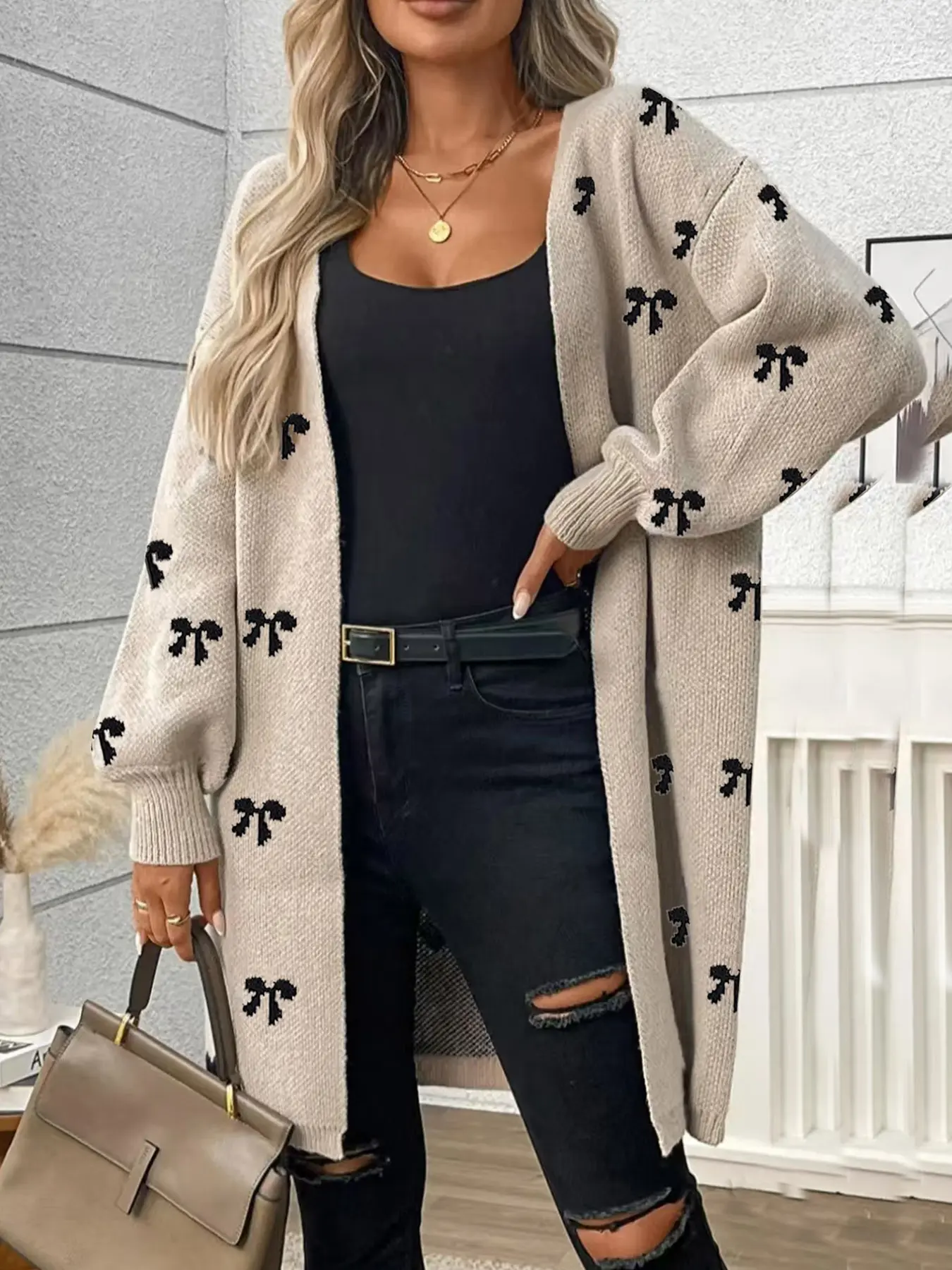Women's Plus Size Cute Bowknot Casual Chic Knitwear Cardigan Sweater, Loose Fit, Perfect for Autumn & Winter, Warm & Comfortable