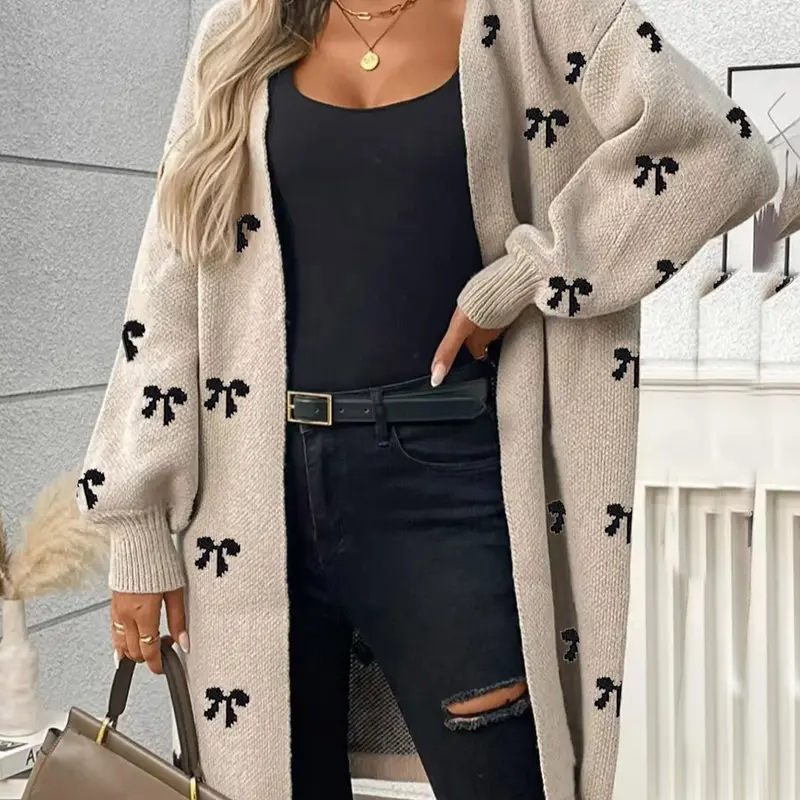 Women's Plus Size Cute Bowknot Casual Knitwear Cardigan Sweater, Loose Fit, Perfect for Autumn & Winter, Warm & Comfortable