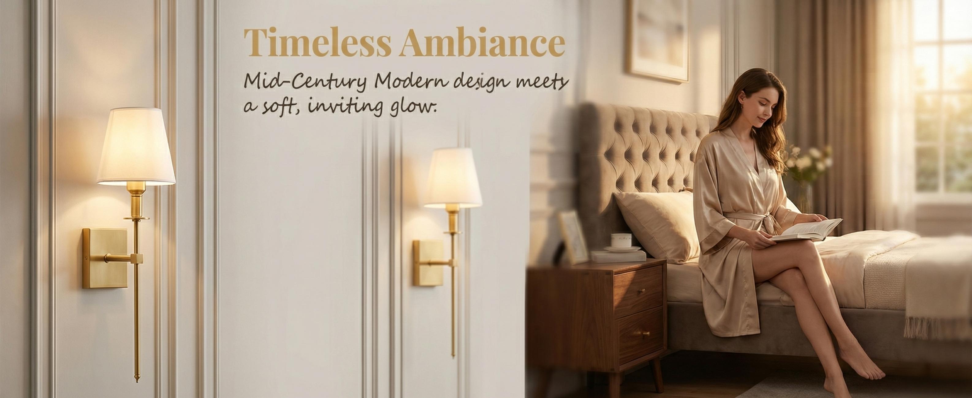 Modern Brass Wall Sconce Set of 2, Fabric Shade Bedside Wall Light, Minimalist Mid Century Wall Lamp for Bedroom Living Room Hallway Soft Ambient Lighting Home Decor