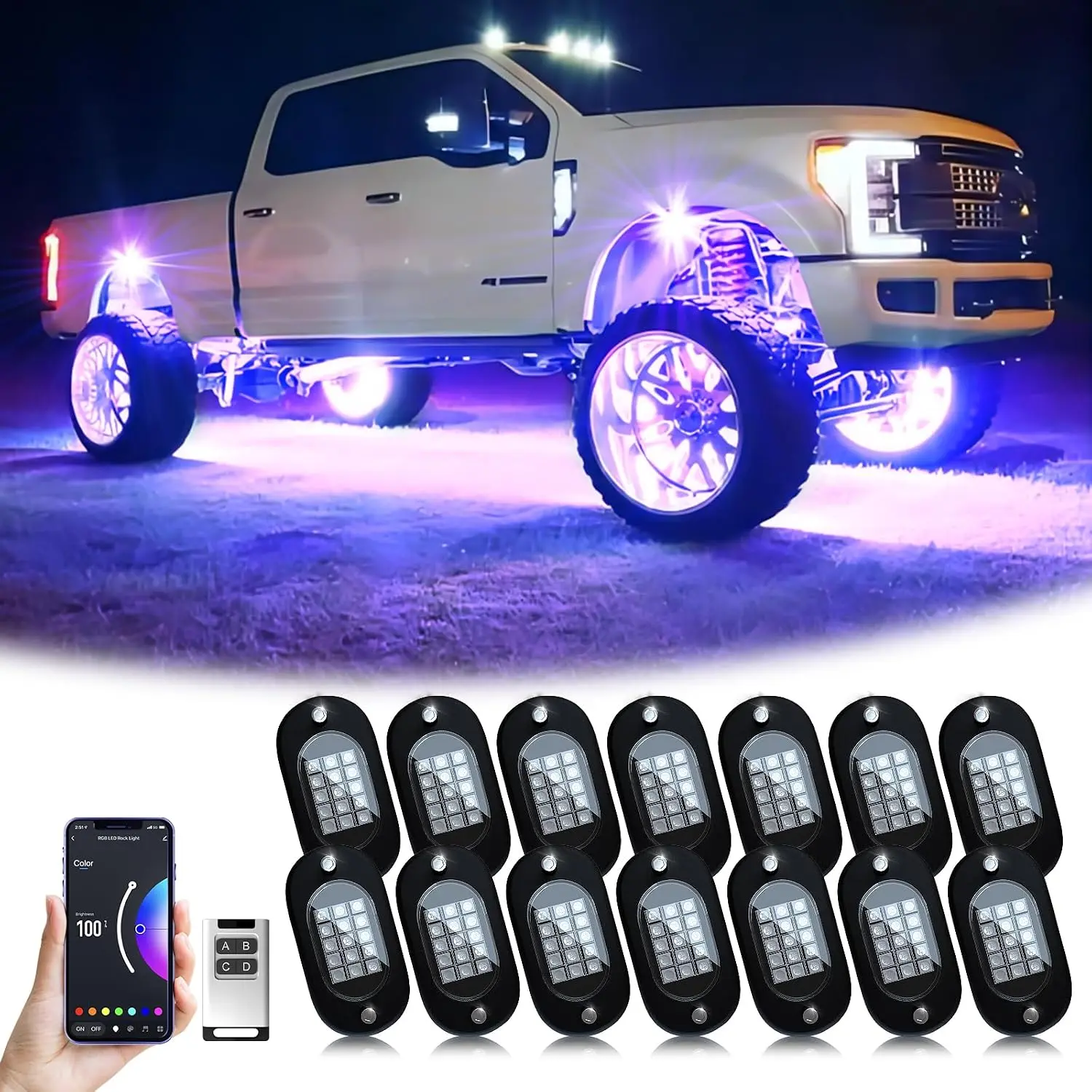 RGB LED Rock Lights 14 Pods, 210 LEDs Lights with Phone App/Remote Control & Timing & Music Mode Rock Lights Kits, Waterproof Underglow Light for ATV RZR UTV SUV Off Road AUTO Motorcycle