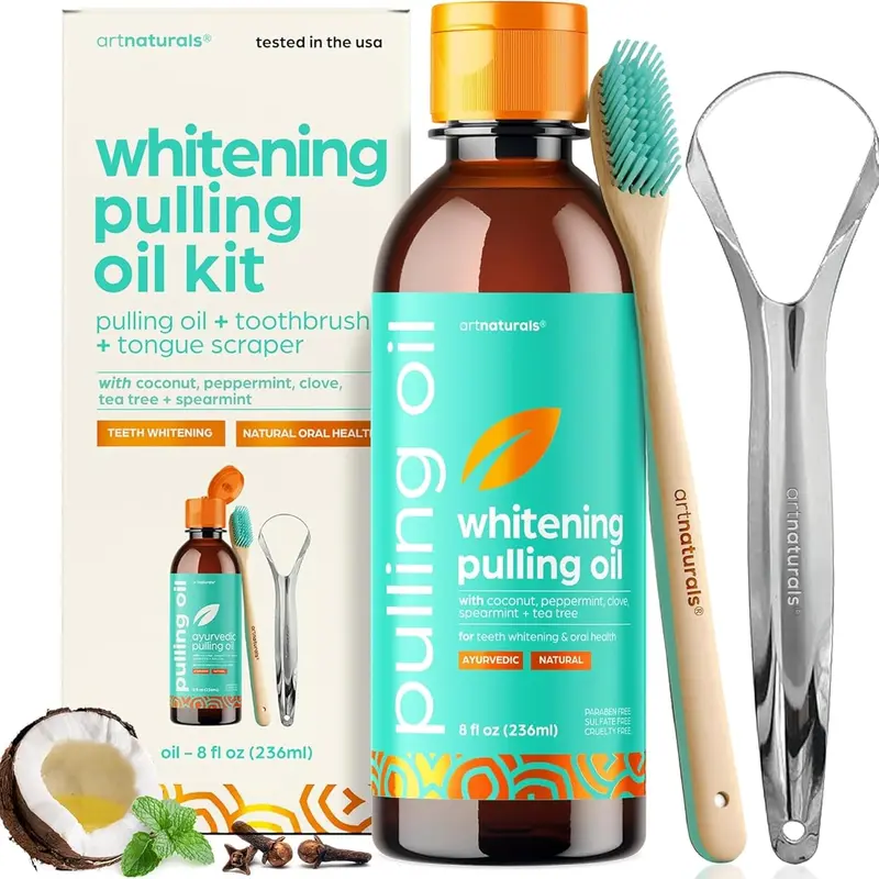 artnaturals Coconut Oil Pulling (8oz) Tongue Scraper & Toothbrush Set - Alcohol-Free Mouthwash - Infused with Magnesium & Peppermint