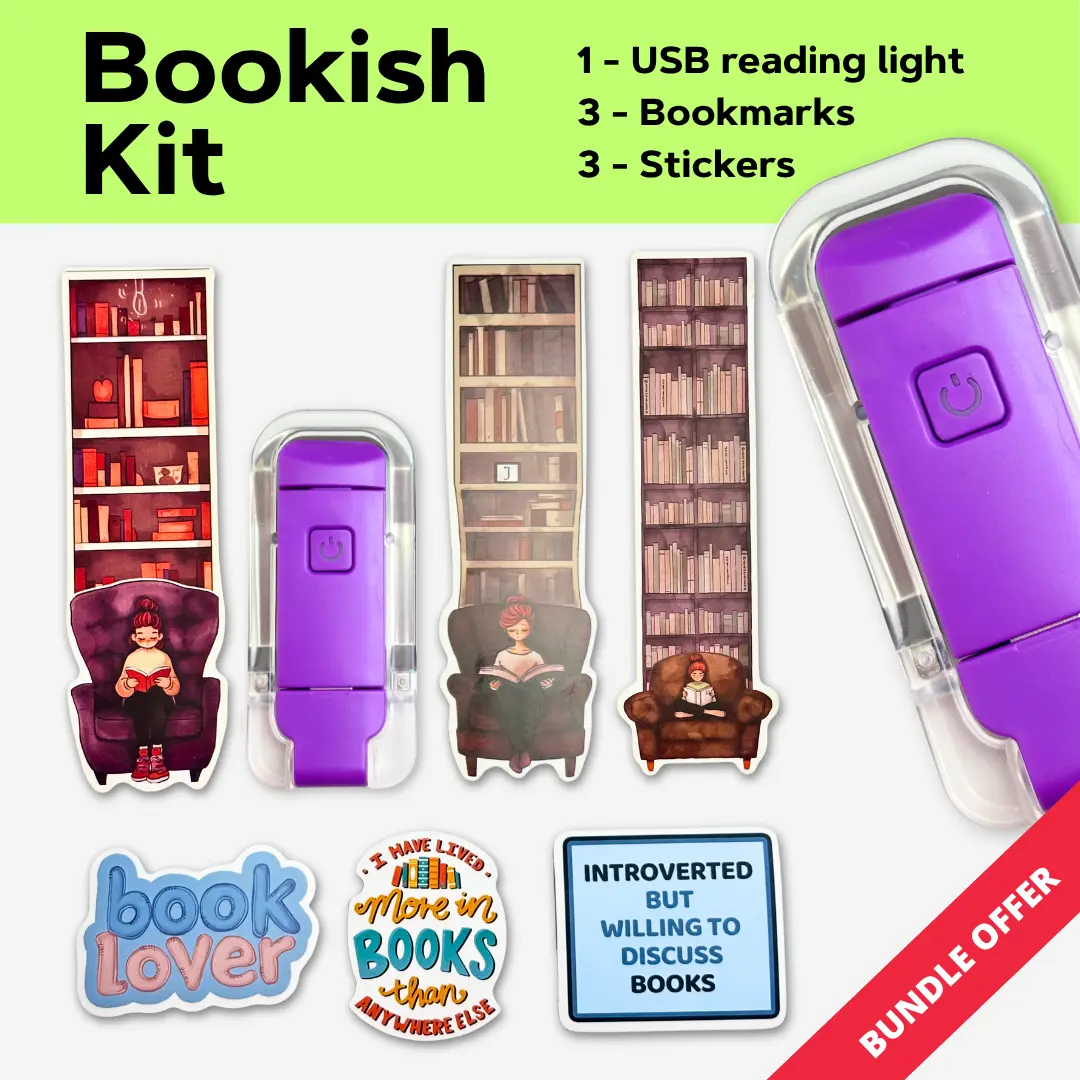 Book Light Bundle with 3 Random Bookmarks & 3 Stickers - Cozy Gift for Book Lovers