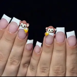 S37 Katy Nails –  Monkey French White Press-On Nails, 3D Cartoon Monkey with Banana, Handmade Custom Set for Playful Girls, Cute Animal Nail Art, Daily Fun Vibes, Gift for Her