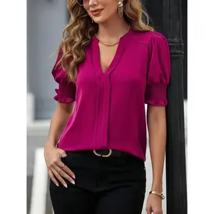 Notched Neck Puff Sleeve Blouse,Short Sleeve Tops