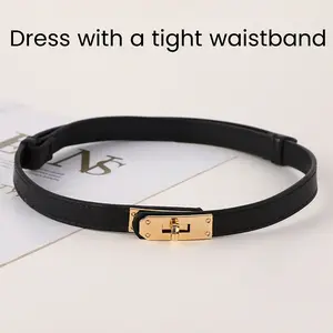 1 Count Adjustable Women's Skinny Leather Belt with Gold Alloy Rhinestone Turn-lock Buckle, Versatile Accessory for Dresses and Jeans