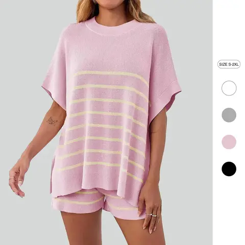 Imily Bela Women's Striped 2 Piece Outfits Oversized Batwing Short Sleeve Tops High Waisted Shorts Summer Knit Lounge Short Sets