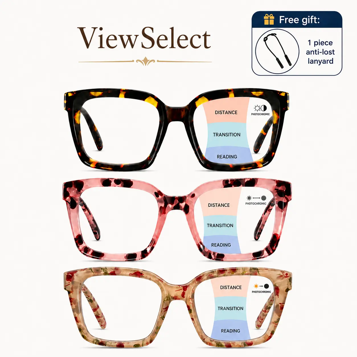 ViewSelect Photochromic Progressive Multifocal Reading Glasses for Women, Clear Indoors Tinted Outdoors, Lightweight Spring Hinge Readers with Anti-Lost Lanyard